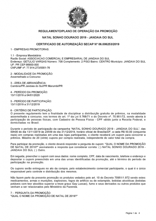 Regulamento Campanha Natal Sonho Dourado 2019.