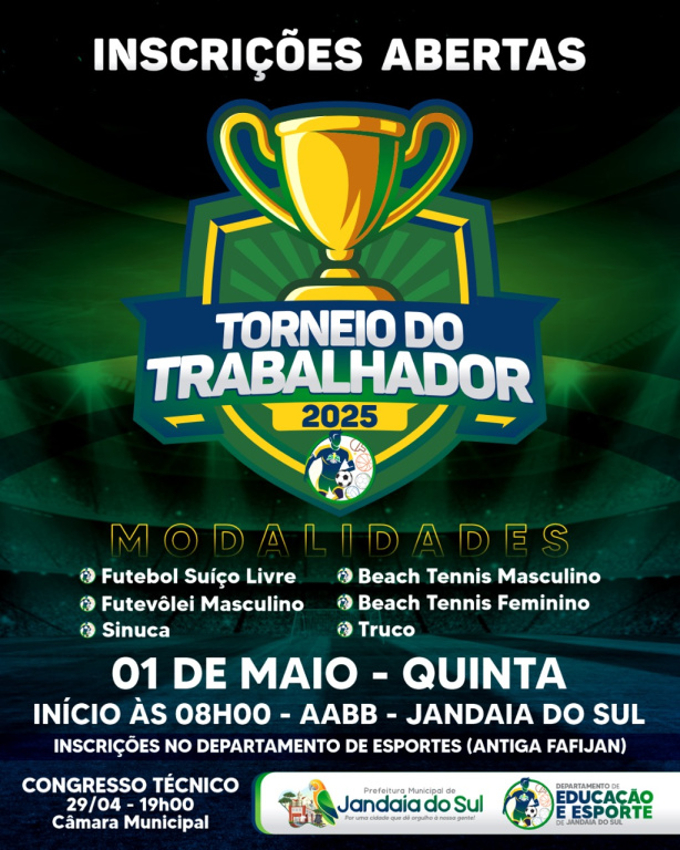 PREFEITURA DE JANDAIA DO SUL ABRE INSCRIÇÕES DO TORNEIO DO TRABALHADOR
