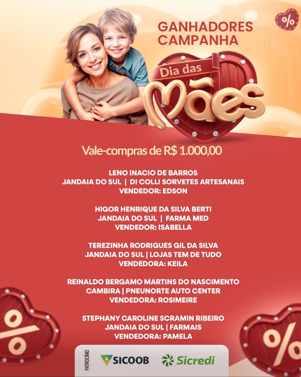 COMTEMPLADOS DA CAMPANHA “DIA DAS MÃES” 2026